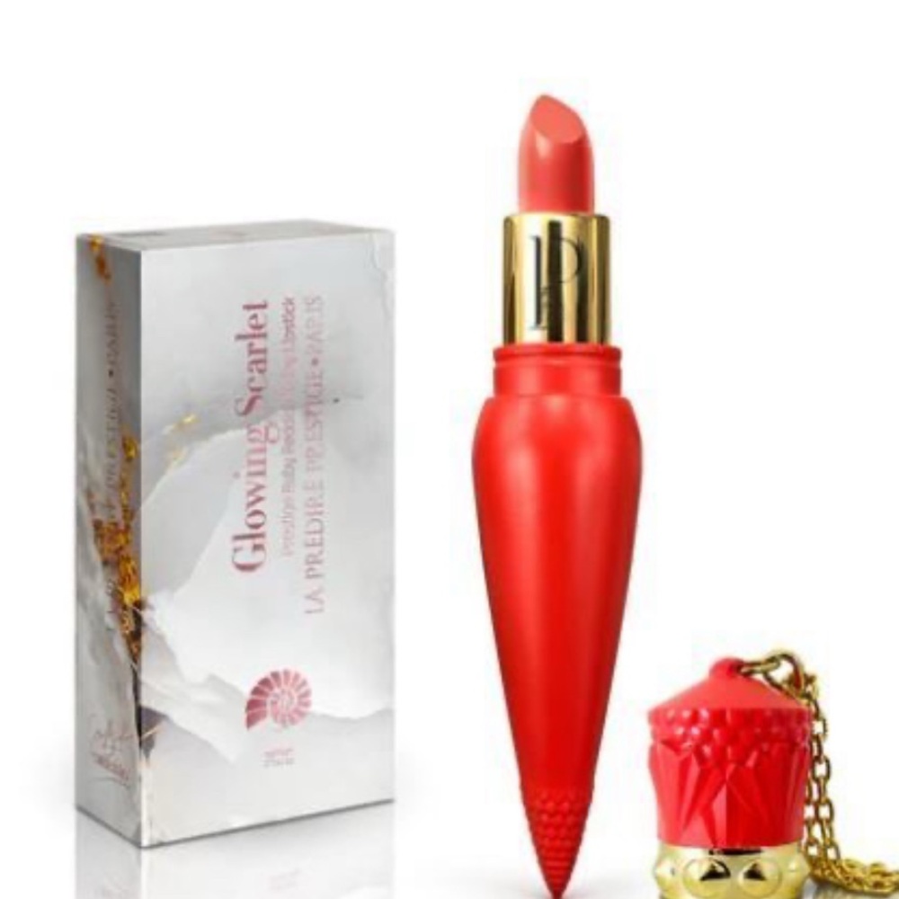 Luxury Lipstick; La Predire Prestige Paris; Glowing Scarlet Shiny Ruby Reddish